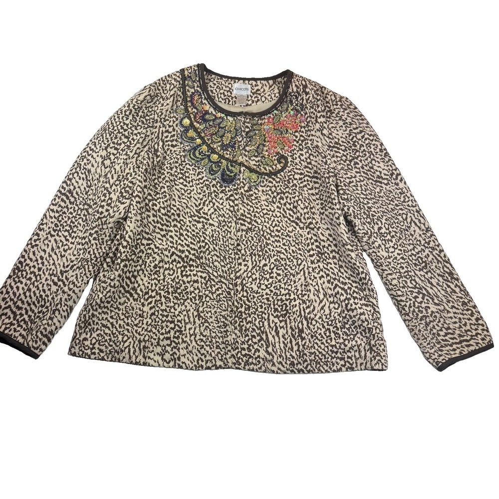 Chico's Animal Print Faux Suede Sequin Embroidered Floral Jacket 3 Size XL